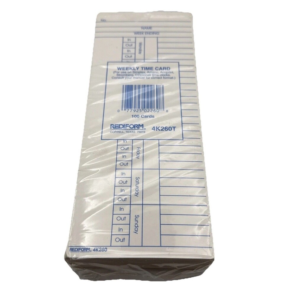 NEW Rediform 4K260T Weekly Time Clock Cards (100 Pack) Simplex Amano Acroprint